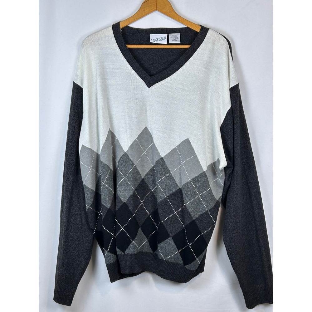 Irvine Park Mens 2XL Argyle V-Neck Sweater Grey White Pullover Y2K Grandpacore